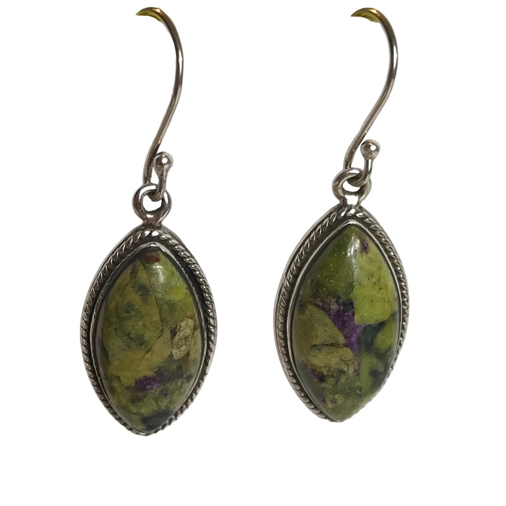 Mohave Stitchtite Earrings Sterling Silver Green Stone Drop Handmade Jewelry